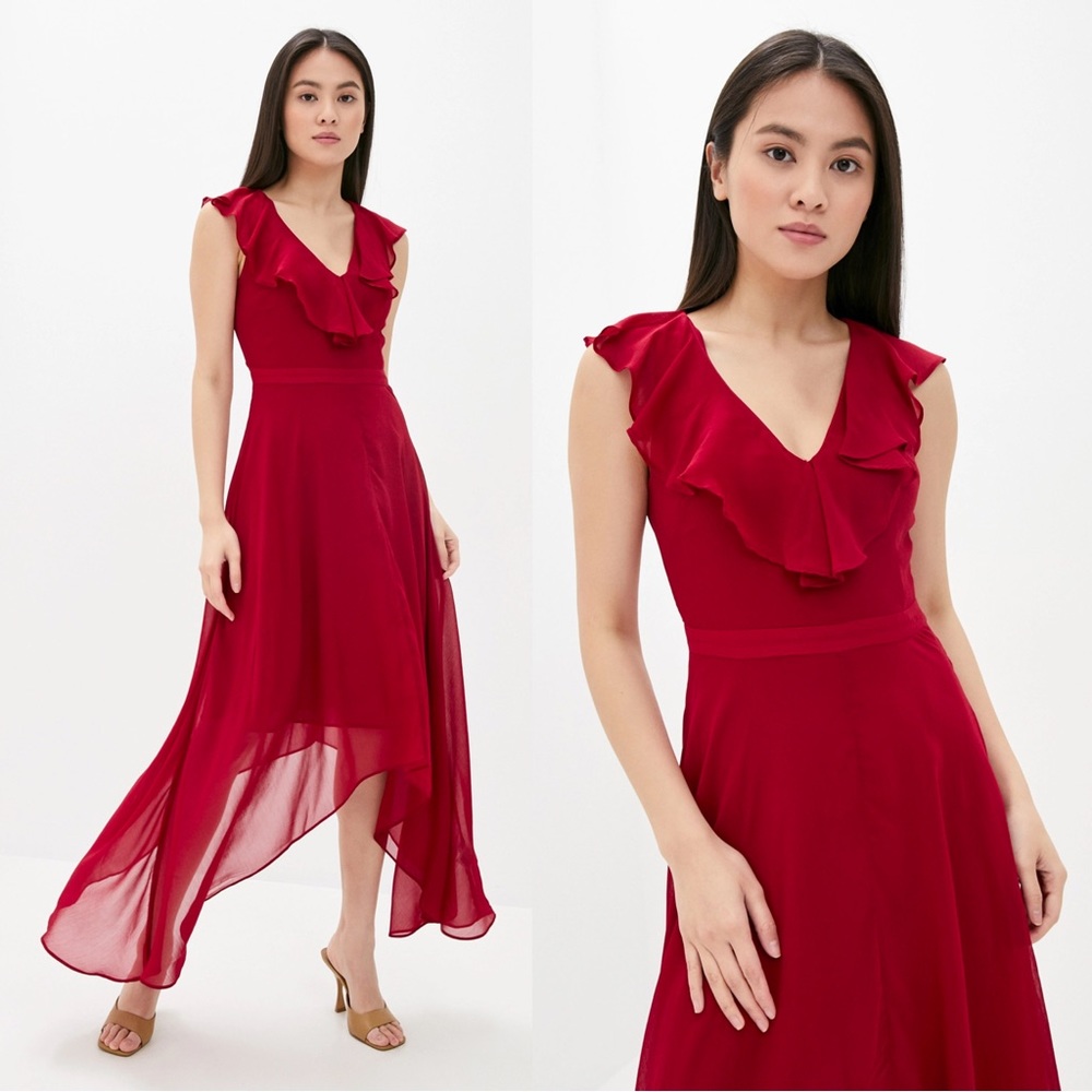 Banana Republic • Sleeveless Ruffle Maxi dress red crinkle chiffon flutter flowy